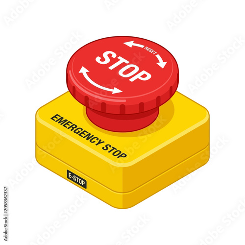 Isometric Vector Illustration of a Red Industrial Emergency Stop Button on a Yellow Box