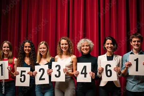 Judges from Different Backgrounds Holding Score Signs in Front of a Red Curtain, Expressing Their Approval of a Performance