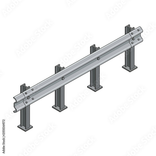 3D Isometric Illustration of a Galvanized Steel Road Guardrail Crash Barrier for Highway Safety