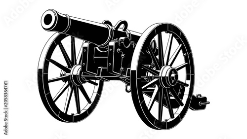фотографія Antique Cannon Illustration: A detailed illustration of an antique cannon on wheels, rendered in stark black and white, evoking a sense of history and power