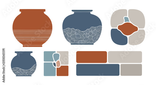 Ceramic pottery design elements and abstract vessel icons set