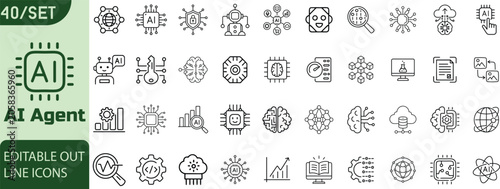 Fotografía AI. Agent icon set. Editable line icons. Vector illustration.