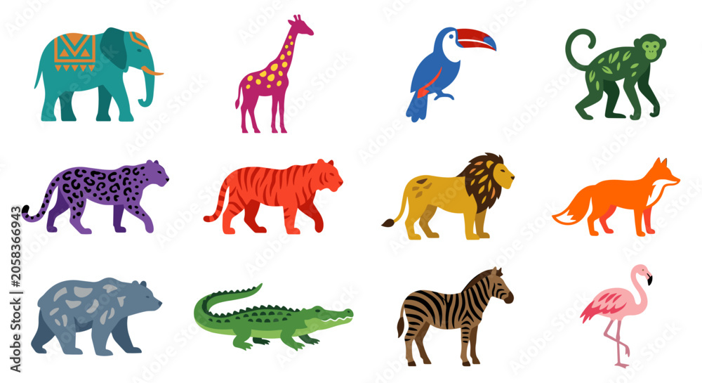 Obraz premium Set of pixel art safari animals including elephant, giraffe, toucan, monkey, leopard, tiger, lion, fox, bear, crocodile, zebra, and flamingo in vibrant colors