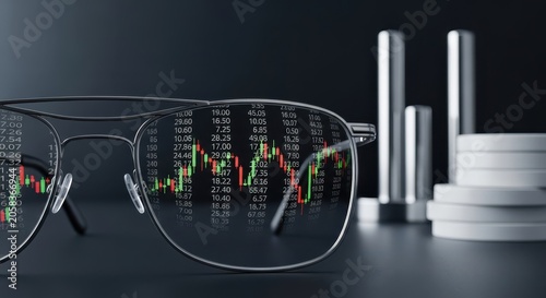 Close-up of eyeglasses reflecting a stock market graph and data, symbolizing financial analysis and trading insights.