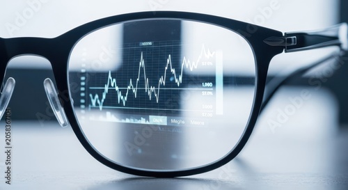 Close-up view of eyeglasses reflecting a digital financial stock market graph, representing investment analysis and growth.