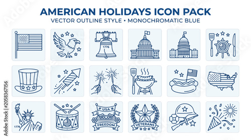 4th of July America Vector Icon Pack Monochrome Blue Holiday Themes