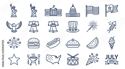 Collection of 4th of July America Icons Symbols and Elements