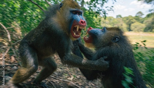 Photography Aggressive Alpha Male Mandrill (Mandrillus sphinx) fighting with other mandrill in the forest, African savannah, Botswana