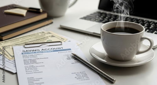 Financial Account Statement with Money, Coffee, and Laptop on Desk, Representing Business Planning
