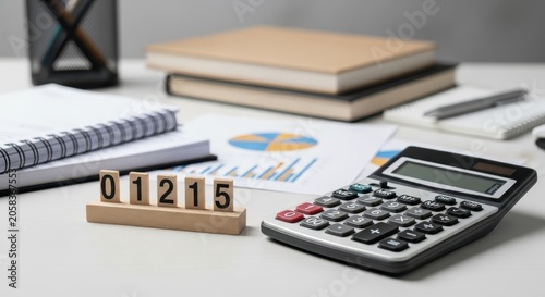 Financial analysis with calculator, books, and data charts on a desk, representing business planning and accounting
