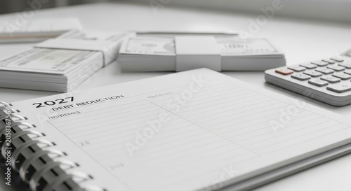 Financial planner open to the budget section with stacks of cash and documents on a desk