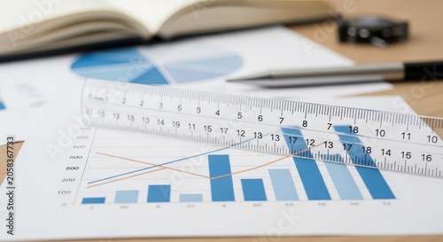 Ruler measuring financial data charts on desk with open book and pen, business analysis concept