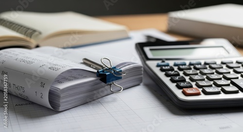 Stack of Financial Documents with Binder Clip and Calculator on Office Desk