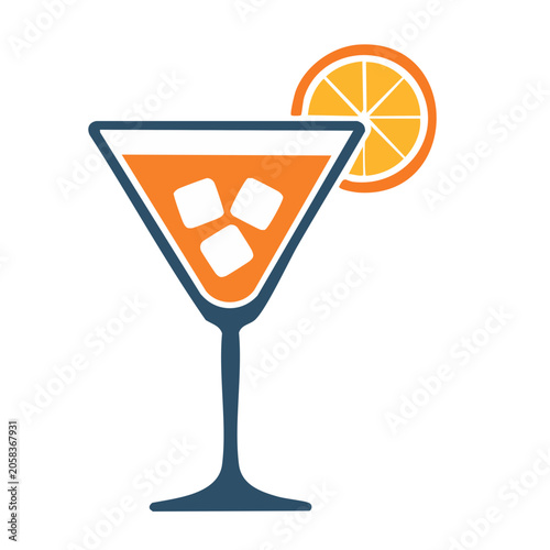 Flat design cocktail glass with orange slice and ice cubes