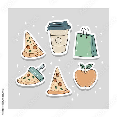 Flat design food and shopping sticker set