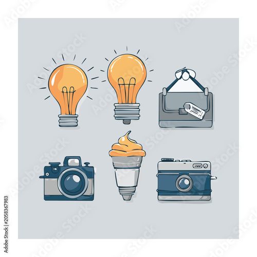 Flat design icons of light bulbs cameras and accessories