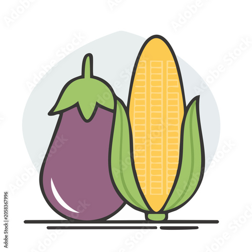 Flat Design Illustration of Eggplant and Corn