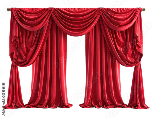 Elegant red velvet stage curtains draped dramatically against a black background.