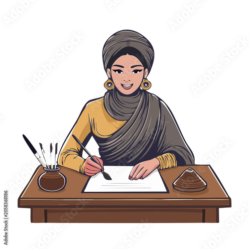 Woman in headscarf writing at a desk with ink and pens