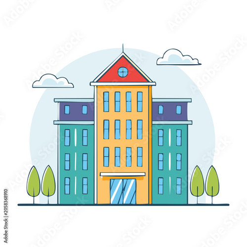 Flat design house with blue walls and orange roof