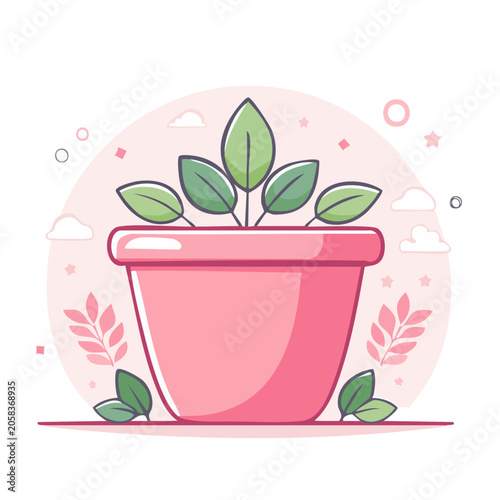 Flat design potted plant with pink pot and green leaves