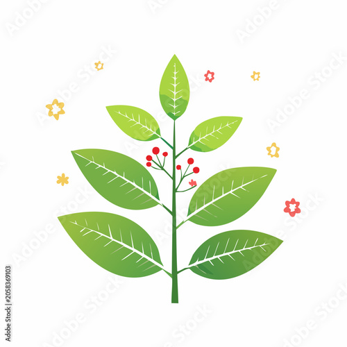 Stylized Green Plant with Red Berries and Small Flowers