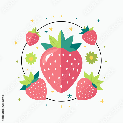 Stylized Strawberries and Flowers Illustration