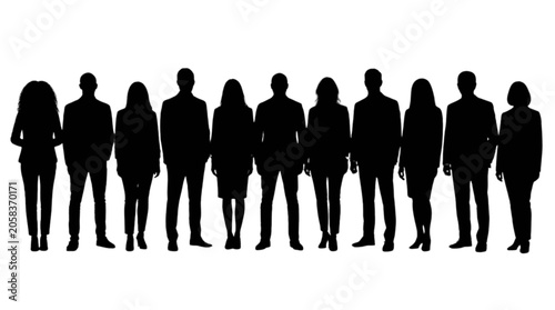 A large group of diverse business people standing in a straight line together as a silhouette isolated on transparent background, Vector