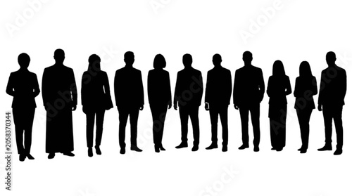 Group of business people standing in a row as a black silhouette set for corporate communication isolated on transparent background, Vector