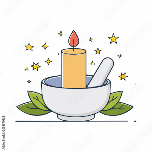 Candle and Mortar Pestle with Leaves and Stars