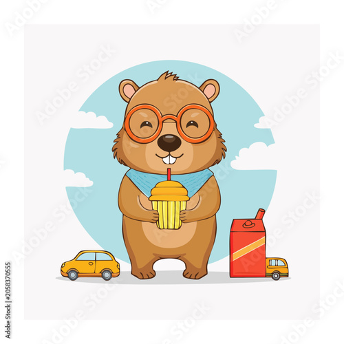 Cartoon bear holding toy car and gift box