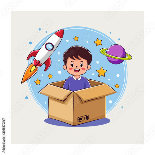 Cartoon boy holding birthday gift and balloons