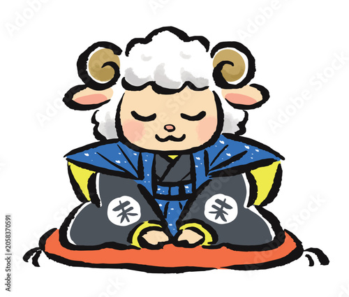 袴姿で新年のあいさつをする福助姿の干支の未（羊）