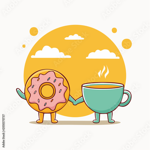 Cute Donut and Coffee Cup Holding Hands