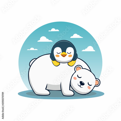 Cute Penguin Resting on Sleeping Polar Bear