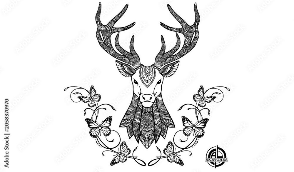 Obraz premium Decorative Deer Head with Antlers Floral Elements and Butterflies Illustration
