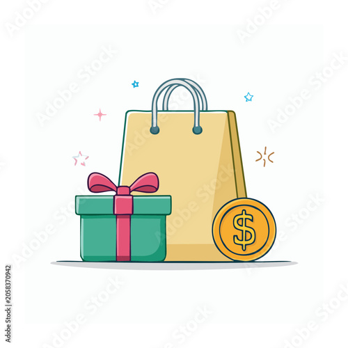 Flat design shopping bag with gift box and ribbon