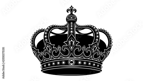 Vászonkép Royal Crown Illustration: A regal black and white illustration of a royal crown, adorned with intricate details and precious gems, symbolizing power, authority, and sovereignty