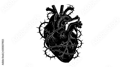 Fotografie Black Heart and Thorns: A stark, graphic illustration depicts a human heart entwined with sharp thorns, symbolizing pain, suffering, and a broken spirit