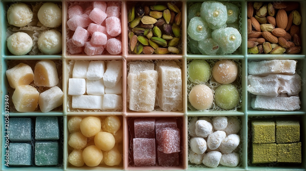 Fototapeta premium Assorted turkish delight and traditional middle eastern sweets arranged in a colorful grid box for a festive holiday celebration or gourmet dessert gift