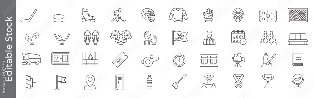Naklejka premium Ice hockey, tournament, championship and winter sports icon set – editable outline symbols of puck, stick, skate, equipment, player, match, score and tournament