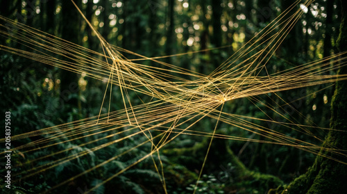 Abstract Golden Lines Weaving Through Dark Forest