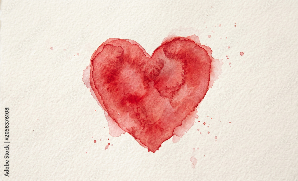 Fototapeta premium Red watercolor heart painted on textured white paper card symbol of love art