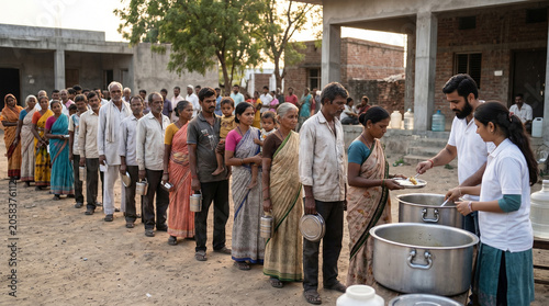 Indian volunteers distribute free food to poor people in long queue line