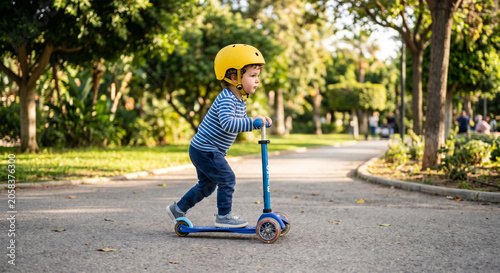 Happy little Spanish child wearing yellow safety helmet and striped shirt riding kick scooter on path in green park. Active childhood lifestyle concept.