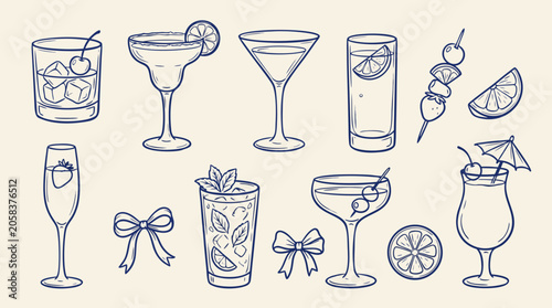 Foto Collection of diverse handdrawn cocktail glasses and garnishes for celebrations