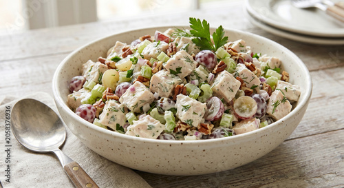 Fresh waldorf chicken salad with grapes and pecans in a ceramic bowl