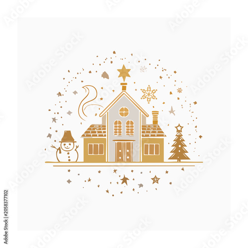 Christmas house illustration with snowman and reindeer