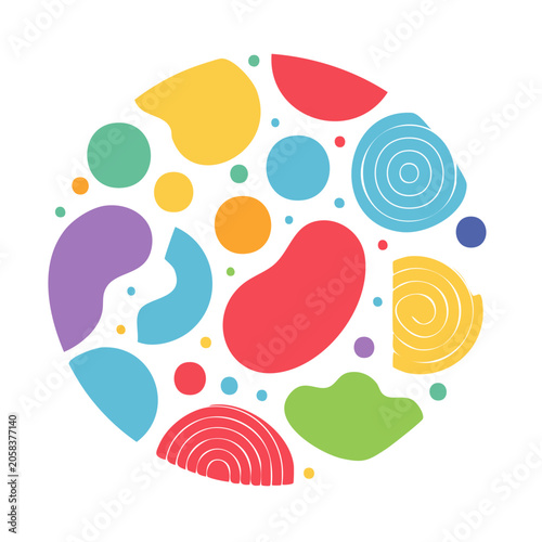 Colorful abstract organic shapes and circles in a circular pattern