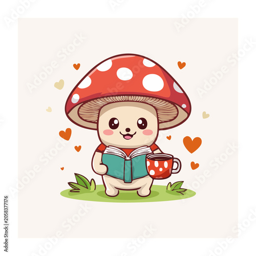 Cute cartoon mushroom holding gift box